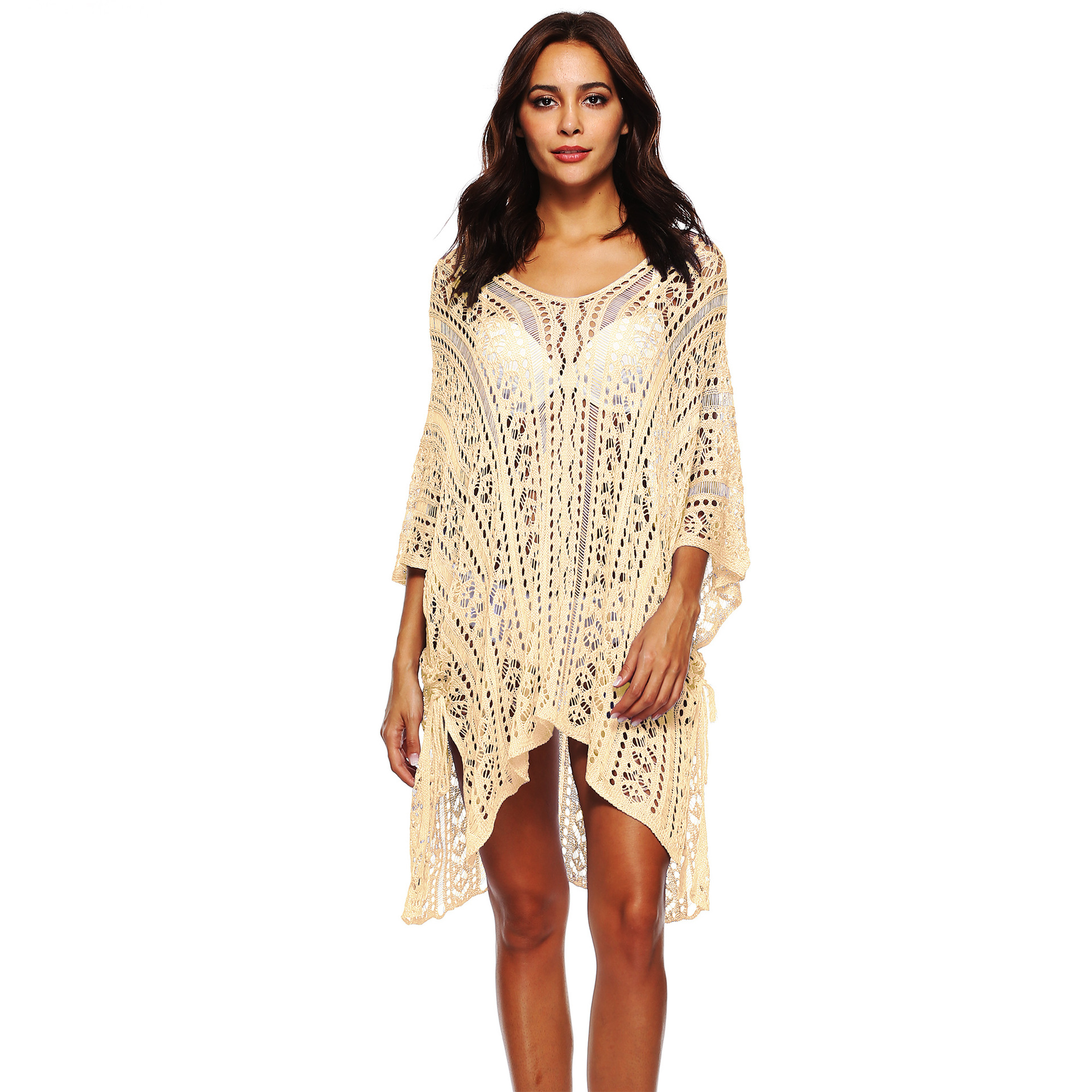 crochet flower hollow V-neck bat sleeve irregular beach dress  NSOY26745