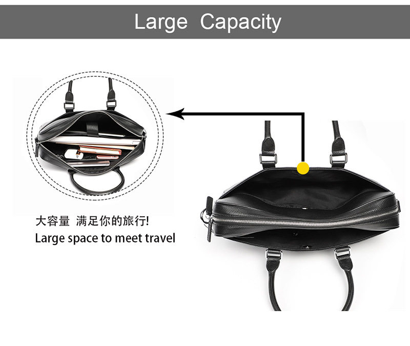 Túi xách công sở nam da bò thật dạng ngang đựng laptop 14 inch 39×28×8 cm — Màu đen dây nâu, Màu đen đường đen chi tiết 8