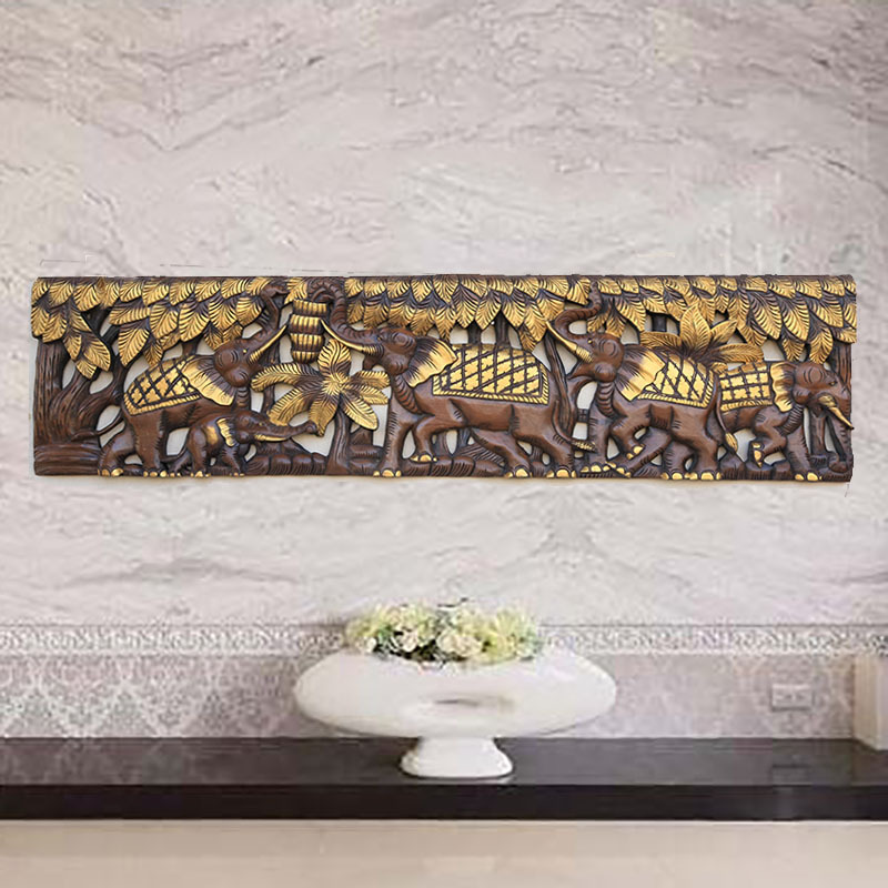 泰国木雕镂空客厅沙发背景墙 装饰画现代简约大气 实木大象雕花板