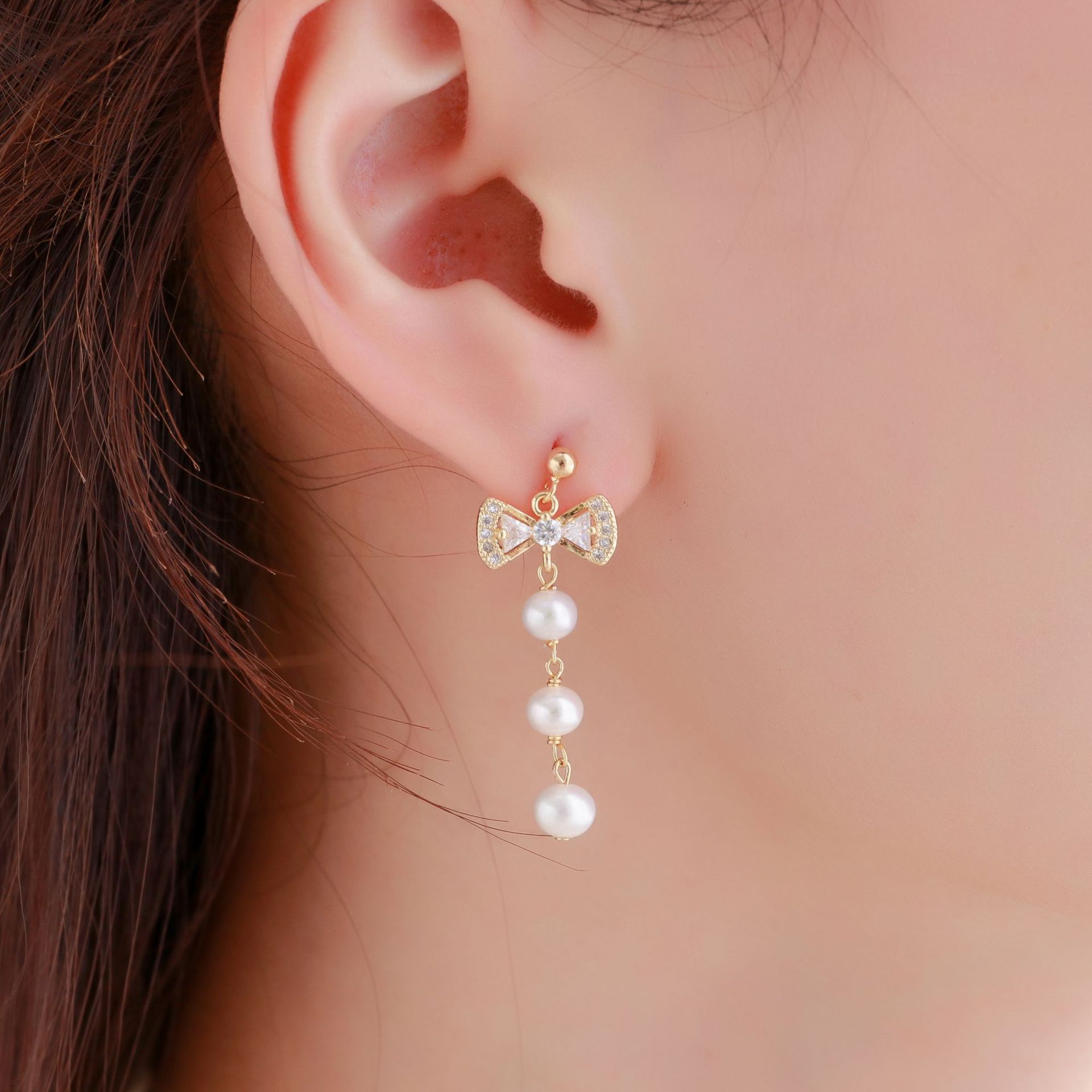 蝶家 甜美蝴蝶结14k包金5-6MM淡水近圆微瑕珍珠耳环外贸原单