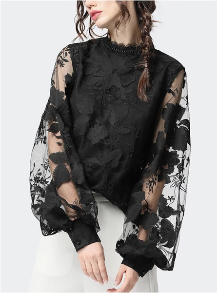 New European and American Foreign Trade Women's Clothing Amazon Lace Puff Sleeve Transparent Round Neck Solid Color Top Shirt New European and American Foreign Trade Women's Clothing Amazon Lace Puff Sleeve Transparent Round Neck Solid Color Top Shirt