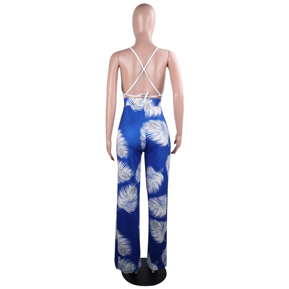 Boutique Sling Backless Slit Leaf Printed Jumpsuit