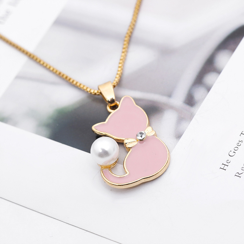 Necklace Clavicle Chain Wild Cute Cartoon Alloy Dripping Pearl Cat New Clavicle Chain Wholesale Nihaojewelry display picture 4