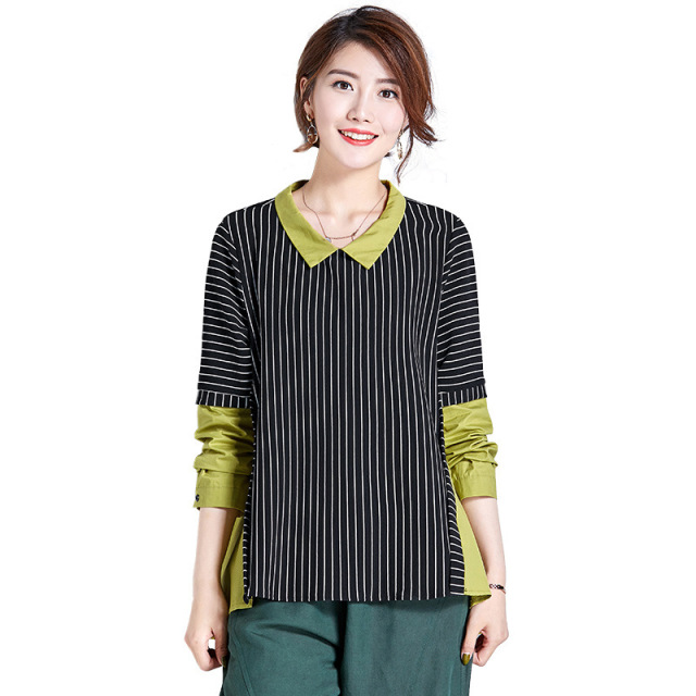 Colour-Coloured Spliced Stripe Shirt Front Short Back Long Blouse 