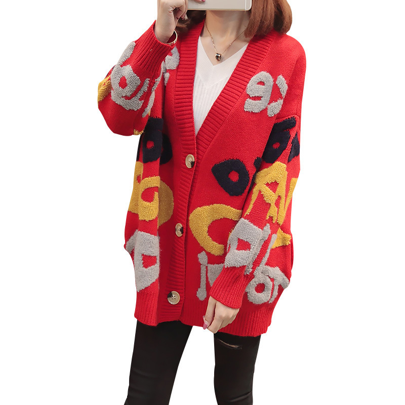 Cárdigan de punto informal con estampado de letras y manga larga 2025, estilo coreano, holgado, para embarazadas, otoño, nuevo suéter con bloques de color, chaqueta para mujer image 6