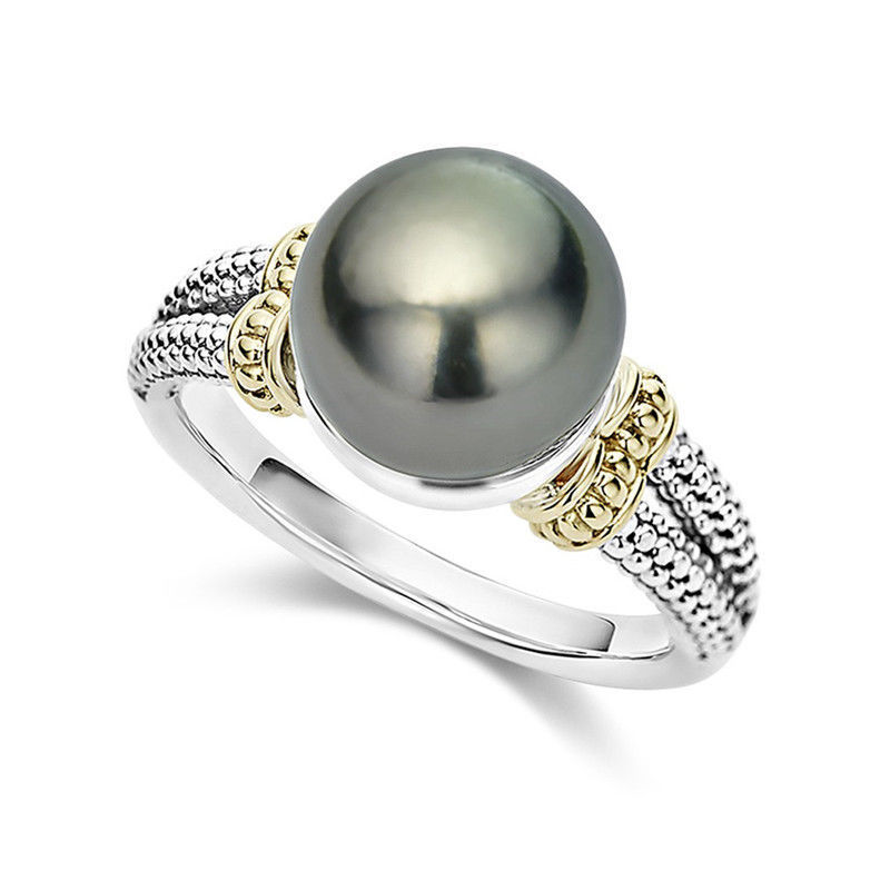 Zhen Rong cross-border source ebay inlaid gray pearl ring European and American wish round 925 silver plated engagement ring