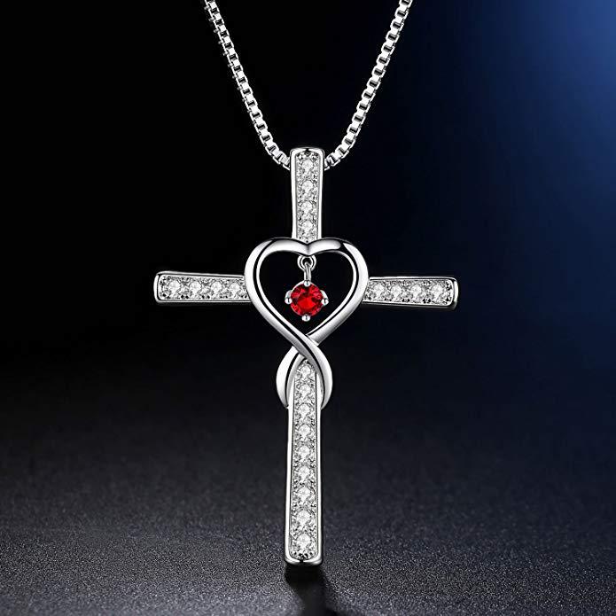 Amazon Hot Selling New Cross Inlaid Zircon Pendant European And American Plated 925 Silver Heart Shaped Birthstone Necklace