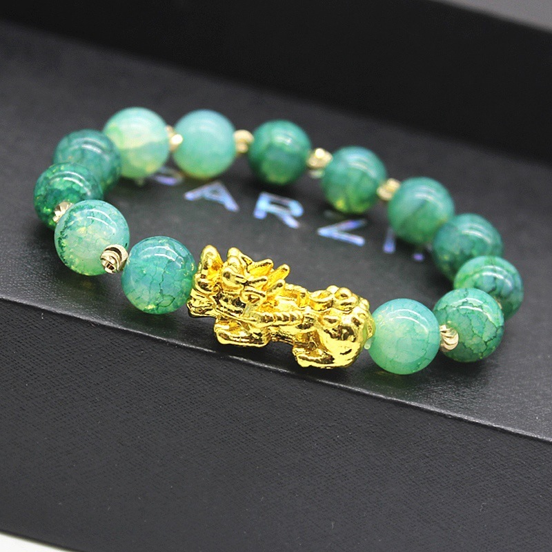 2pcs Gold-plated color crystal jade pixiu bracelets preserving  men and women with lucky couple gold wealth bracelet with imitation chalcedony agate beads hand rope