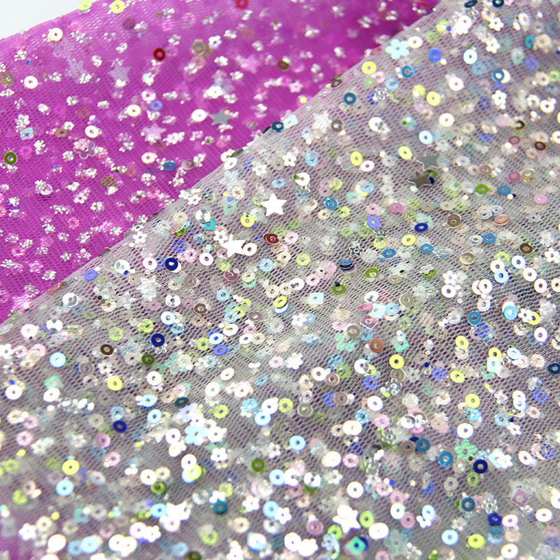 锦纶六角网布冲片洒片七彩圆片童装时尚网纱面料 新款