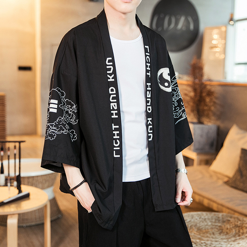 2019 verano nuevo estilo chino gabardina de los hombres retro juventud kimono cardigan tendencia capa de los hombres al por mayor