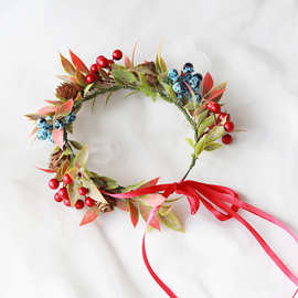 批发森系超仙女士花环写真绿野拍摄度假草环唯美浆果绿植森女头饰