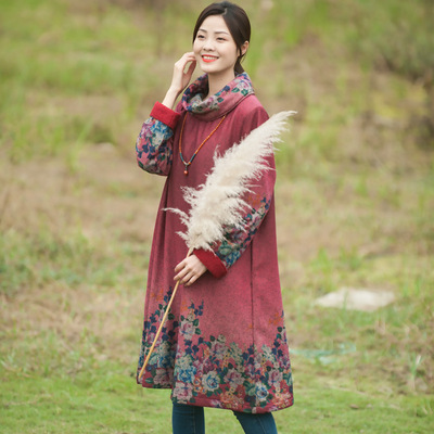 Ethnic style printing coat Branch license Easy leisure time Plush Winter clothes Chimney Socket Mid length version overcoat