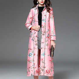 中国风外套女2019春秋季网红时尚女装复古印花长款盘扣旗袍上衣