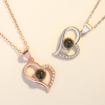 s925纯银镂空投影爱心微雕记忆项链100种语言我爱你厂家一件代发