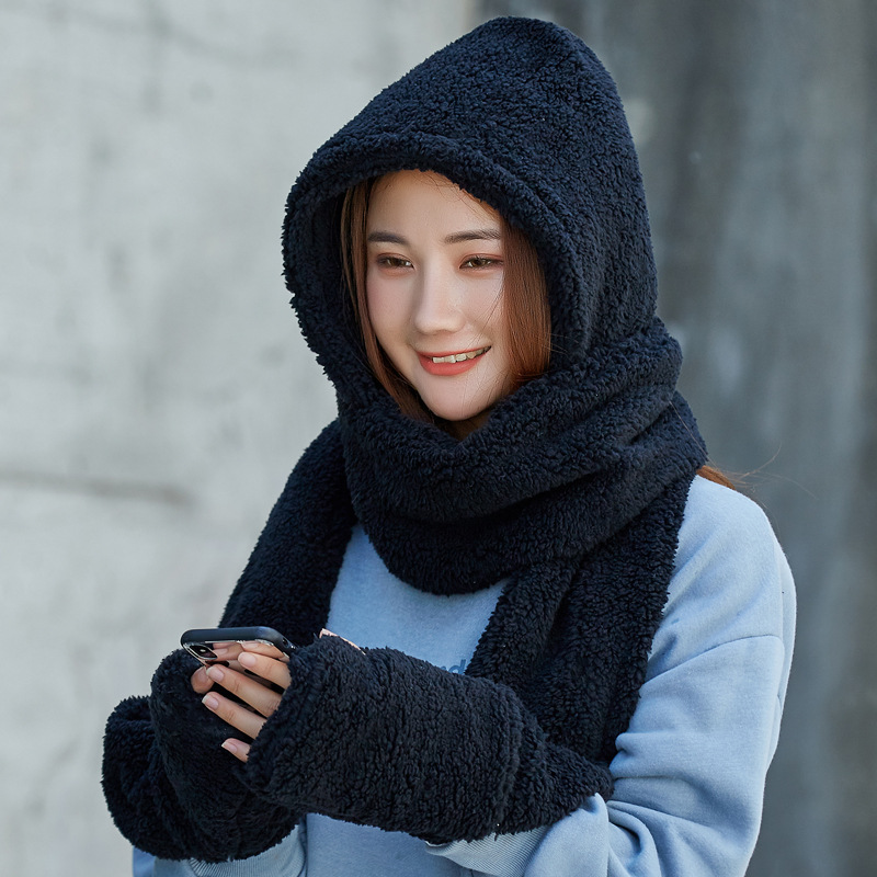 Upgraded new Korean winter women's scarf one-piece double-layer thickened warm hat scarf gloves three-piece set