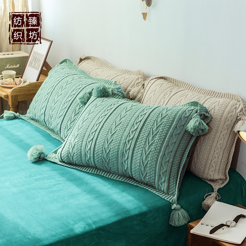 少女心针织毛线四件套枕套公主风A版针织棉B版水晶绒枕套