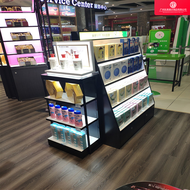 厂家订做高端化妆品展示柜背柜中岛柜高柜木质烤漆玻璃柜