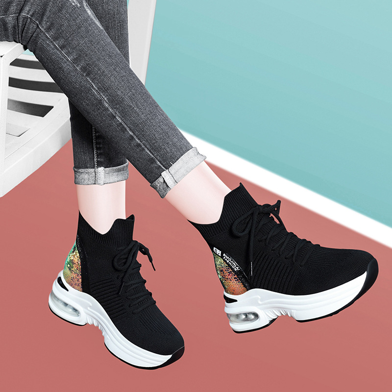 内增高袜子鞋女2019新款袜鞋秋款松糕底休闲鞋气垫秋季高帮鞋厚底|ms