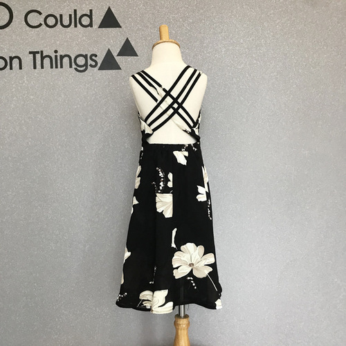 Parent-child summer clothes  new Korean style mid-length printed backless suspender dress beach skirt for vacation