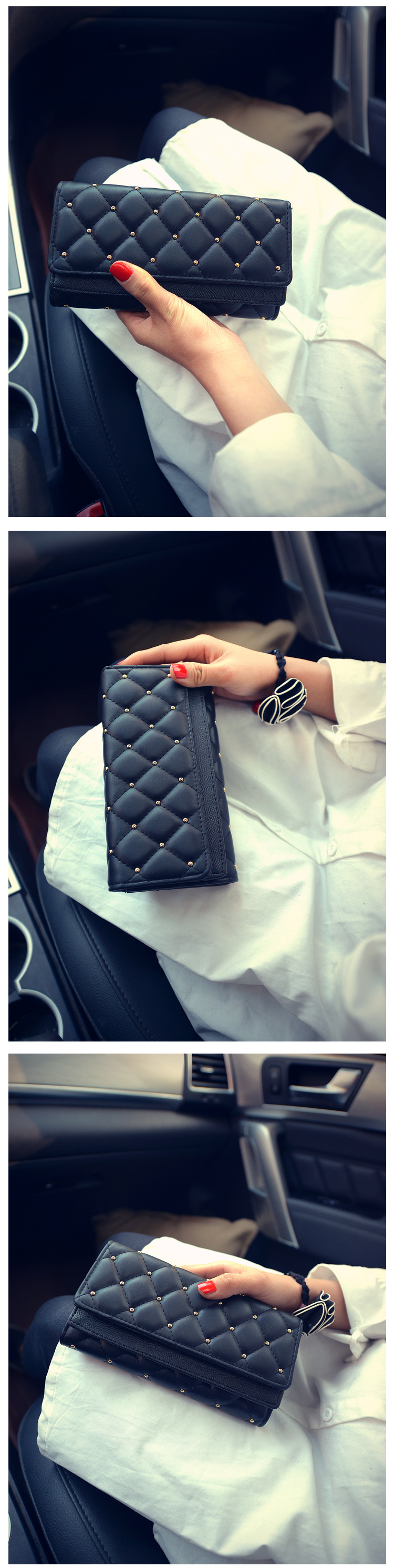 195g Weight Polyester Lining Material Magnetic Buckle Closure Type Pu Leather Material Solid Color Pattern Women'S Gender Fashion Style Square Shape Pink, Champagne, Black Color Korean  Diamond Tri-fold Large-capacity Wallet Wholesale 6