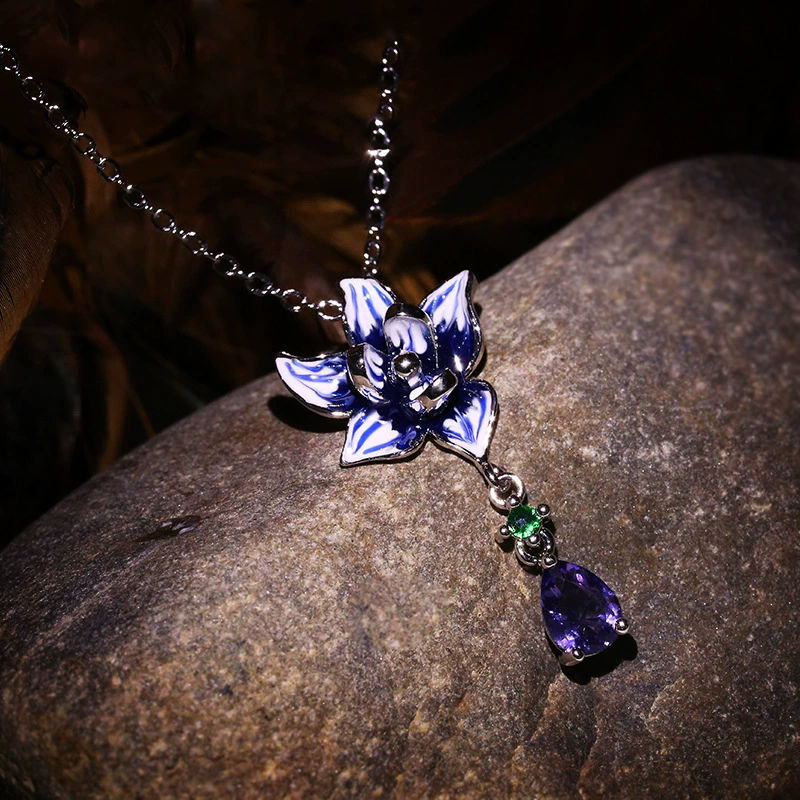 Floral pendant and earring set, zircon stones with enamel detailing, European style