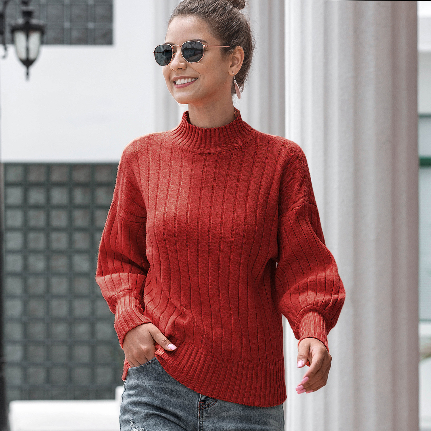 autumn and winter fashion mock collar lantern sleeve pit strip sweater NSMY15966