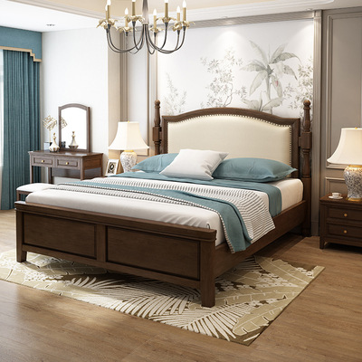 美式乡村实木软包床1.8米双人现代简约婚床主卧室家具复古简美风|ru