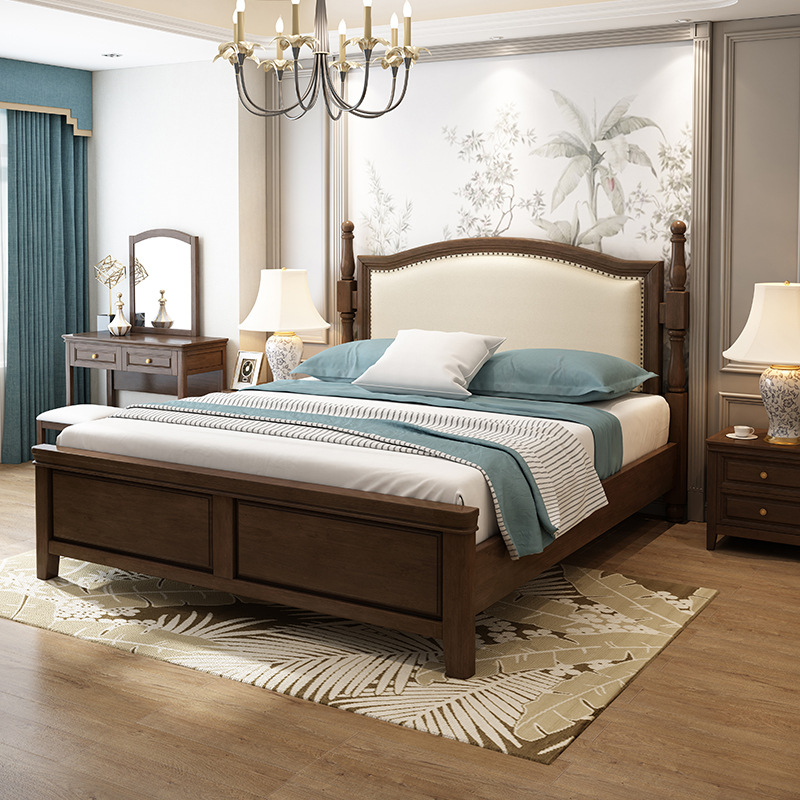 美式乡村实木软包床1.8米双人现代简约婚床主卧室家具复古简美风|ru