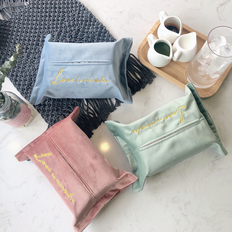ins Northern Europe Embroidery velvet Tissue box Fabric art Embroidery Towel sets vehicle Paper pumping box household tissue storage box
