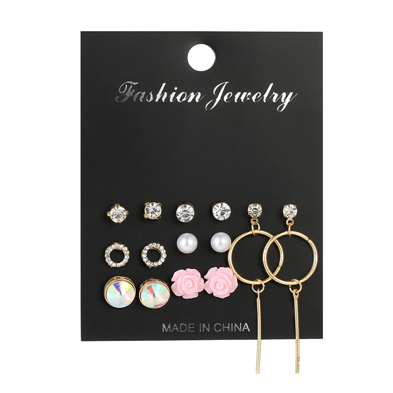 Neue Kristall Ohrringe Pro Woche 7 Paar Koreanische Temperament Internet-prominente Einfache Ohrringe Set Earring display picture 6