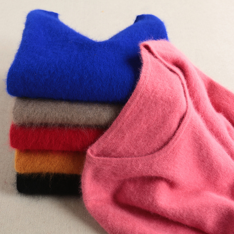 秋冬圆领貂绒毛衣女套头包边宽松大码针织打底羊毛衫短款加厚保暖|ms