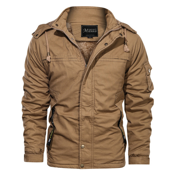 Autumn and winter men’s detachable hooded Plush medium length cotton wash jacket for men