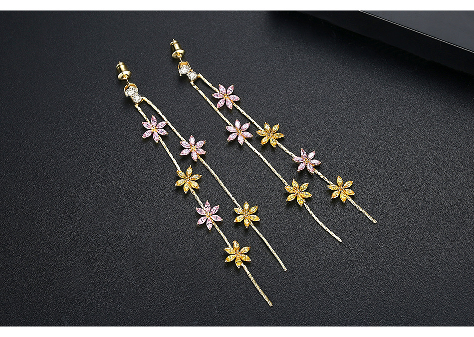 Light Floral Studs Fashion Long Tassel Earrings Copper Zirconium Chain display picture 5