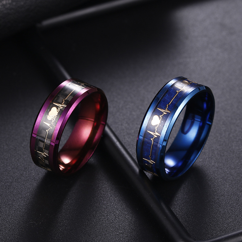 Fashion Blue-plated Carbon Fiber Couples Ecg Titanium Steel Ring display picture 2
