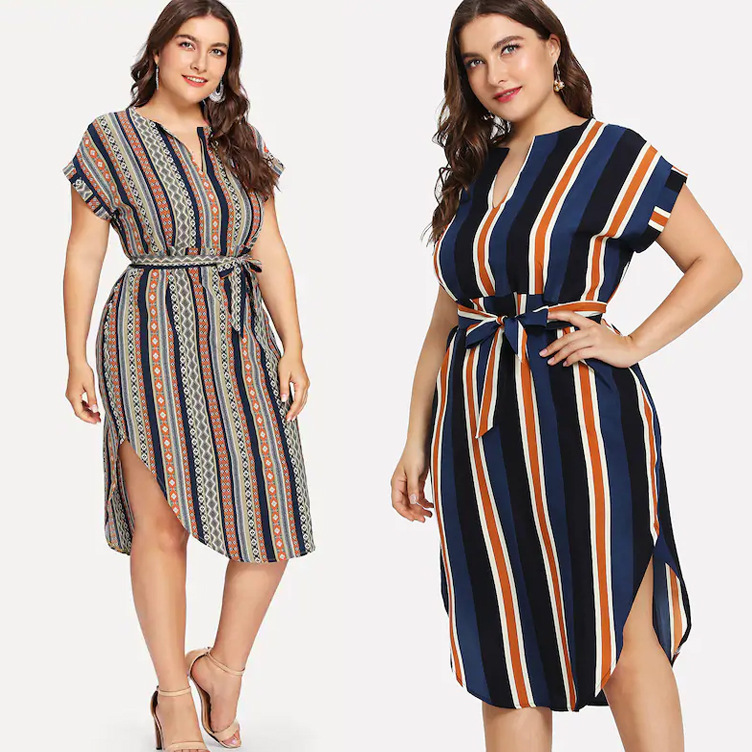 plus size short-sleeved striped V-neck dress NSYD34930