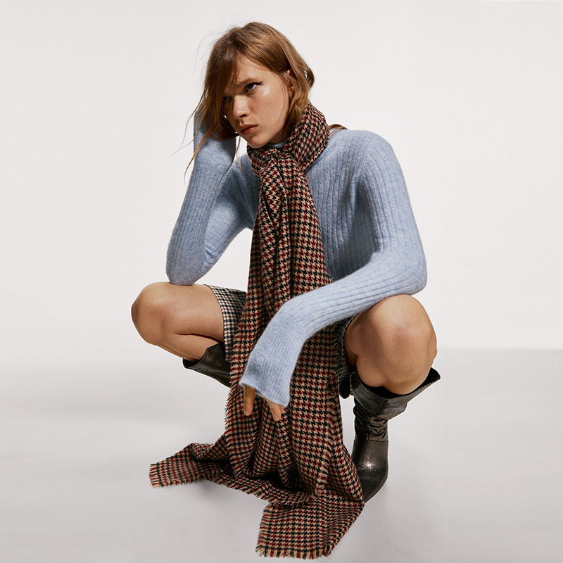 欧美ZA家秋冬新款枣红千鸟格仿羊绒柔软围巾男女复古披肩两用围脖