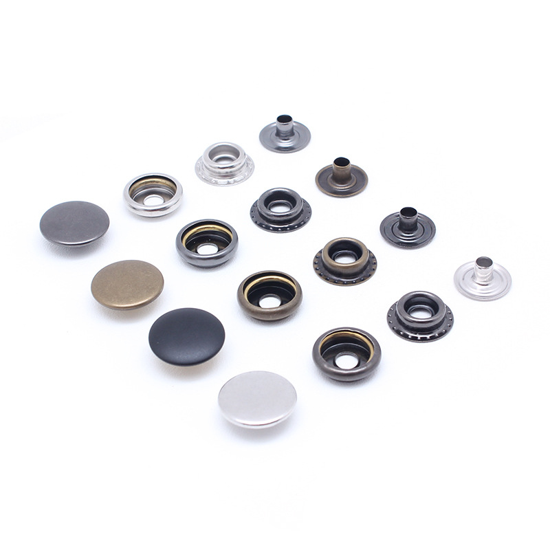 直销高脚双面铁质四合扣201# 15mm羽绒服棉服工装服大白扣电白现