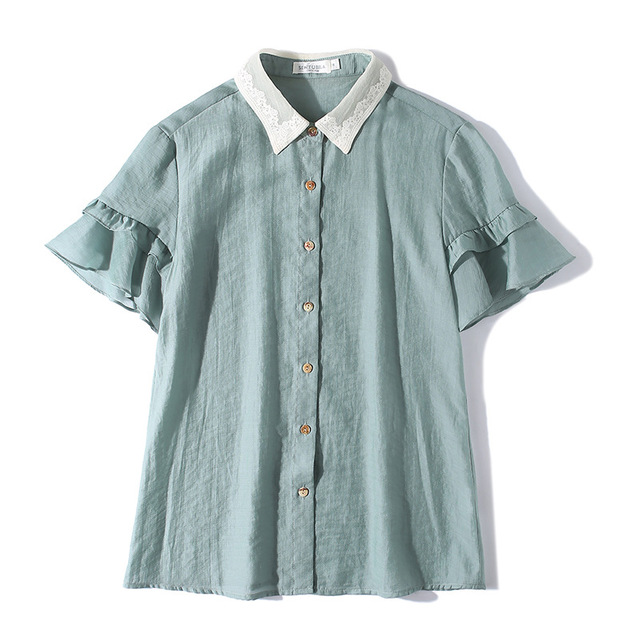 new embroidered Lapel Tencel Chiffon Shirt Short Sleeve Blouse