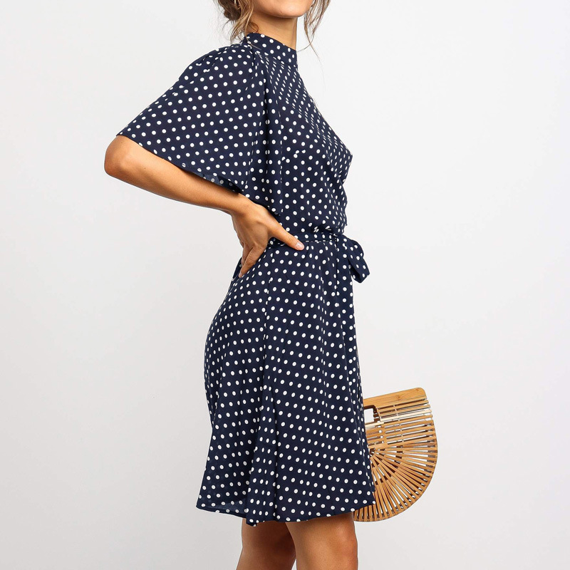 Polka Dot Print High Neck Tie Short Sleeve Chiffon Dress NSGE37912