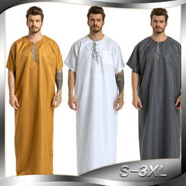 中东阿拉伯热卖穆斯林男装 回族绣花短袖圆领长袍男0008