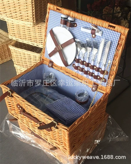 Пикниковая корзина Lucky Weaving, ивовая для 2 человек с полным набором посуды, 48×22×34 см