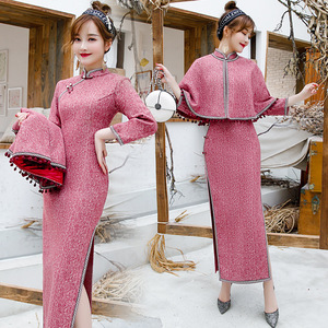 Women Chinese dresses qipao dresses photos singers performance two piece national cheongsam warm long wool cheongsam