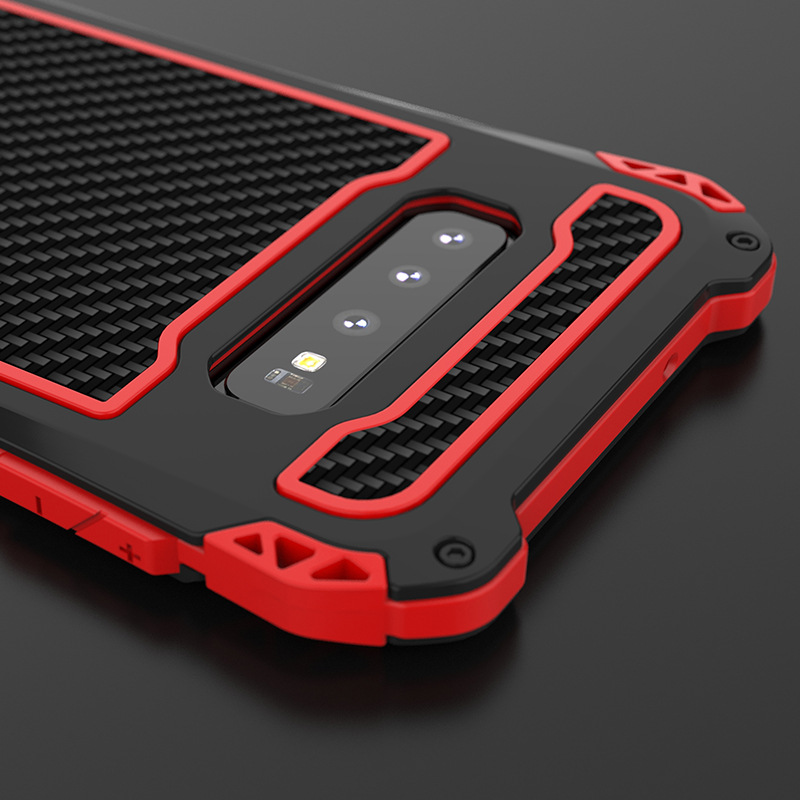 R-Just Amira Heavy Duty Dirtproof Shockproof Rainproof Aluminum Metal Bumper Carbon Fiber Back Cover Case for Samsung Galaxy S10 Plus & S10