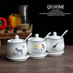 Qianhuiju Retro Creative Ceramic Spice Jar Set, 3-Piece Cooking Utensil Set, Oil and Salt Jars