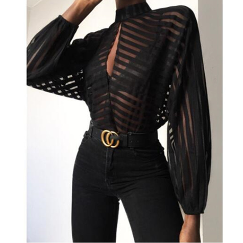 Autumn New Women's Striped Stand-up Collar Hollow Top Sexy Long-sleeved See-through Blouse