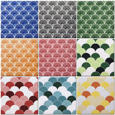 鱼鳞状釉面砖厕所300*300彩色扇形图案泳池砖亮面凹凸背景墙瓷砖|ms