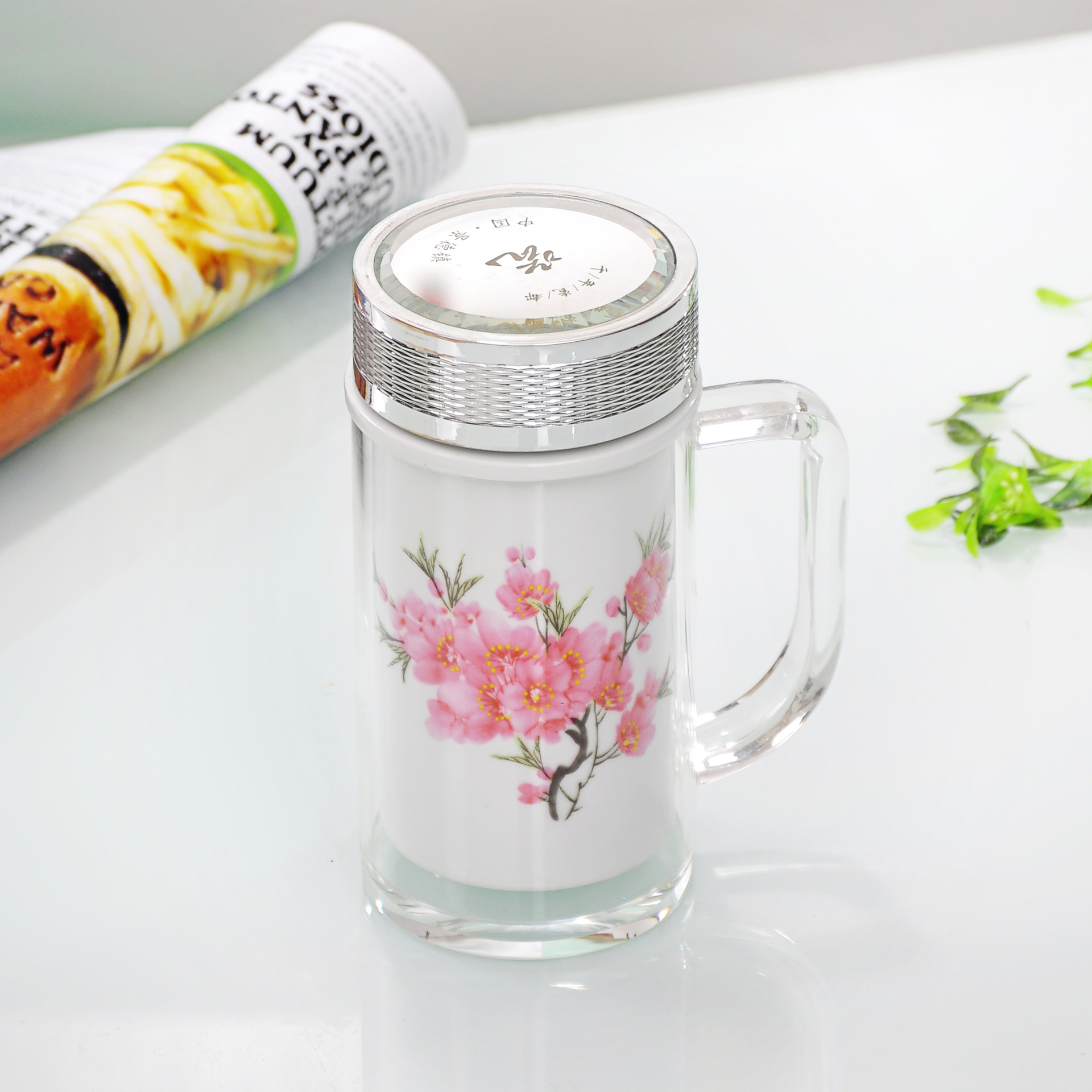 商務辦公杯雙層陶瓷保溫杯骨瓷內膽創(chuàng)意禮品定制商務禮品水點桃花