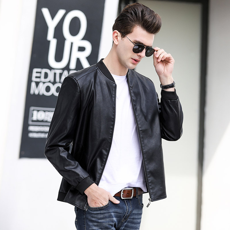 男士皮衣春秋新款商务休闲宽松中年男装立领皮夹克外套上衣拉链衫|ms