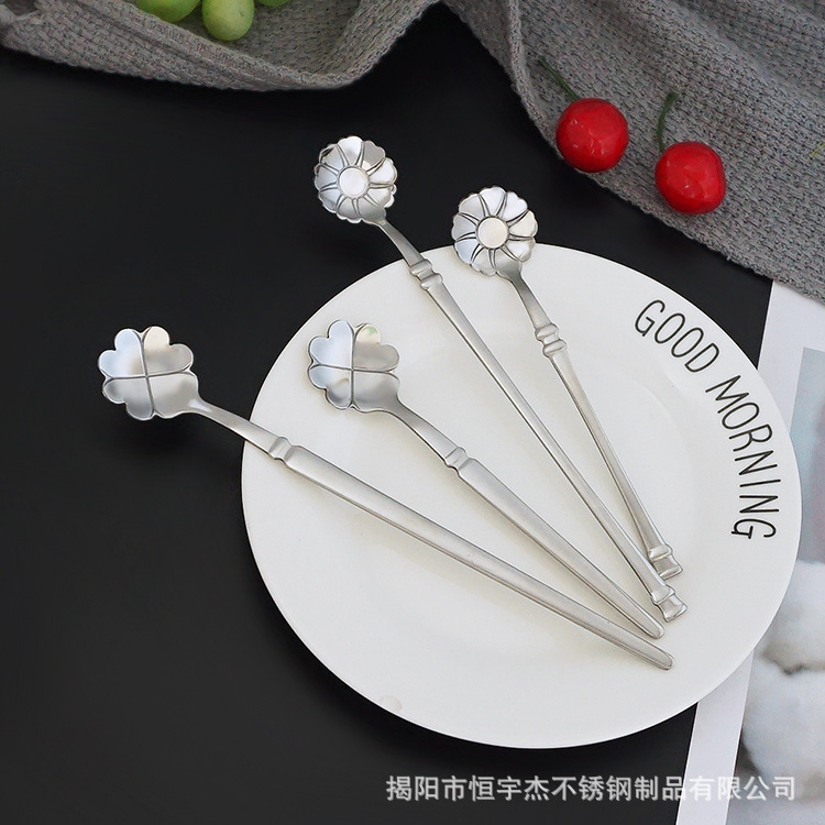 귀여운 스테인리스 숟가락 가정용 긴 손잡이 꽃 숟가락 아이스크림 숟가락 커피 디저트 혼합 숟가락 세트 레이저
