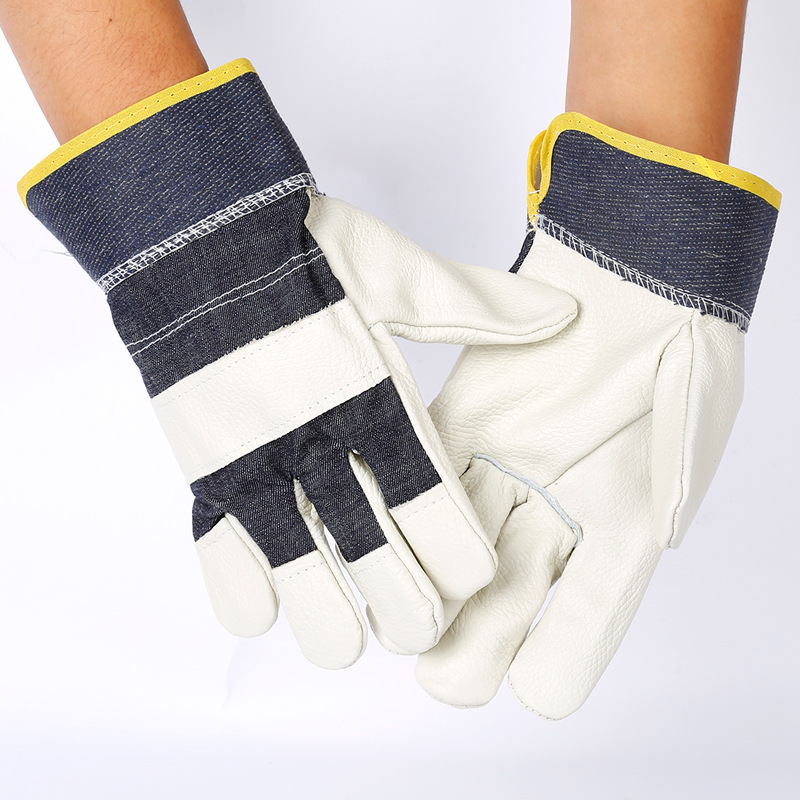 电焊手套现货批发 手部防护焊工手套 短款牛仔布浅色分刀劳保手套